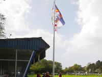 IMGP1342   Bob using his Scouting for Boys knowlege to raise the flag of St George below the local team&#39;s flag