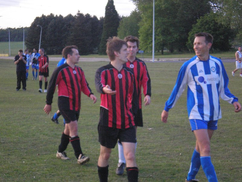 P5180016.JPG -  Darryl McLeod lights a fag near the spot he ref'ed the entire game. Jon insists the Exocet he launched did not recoil suspiciously off the cross bar.Geriant would rather forget the sliced own goal and handball. 